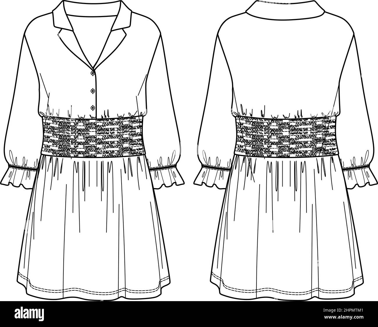 Dessin de chemise à motif vectoriel avec boutons et détail smocké, robe féminine tendance CAD, modèle, plat, maquette. Robe en jersey ou en tissu tissé Illustration de Vecteur