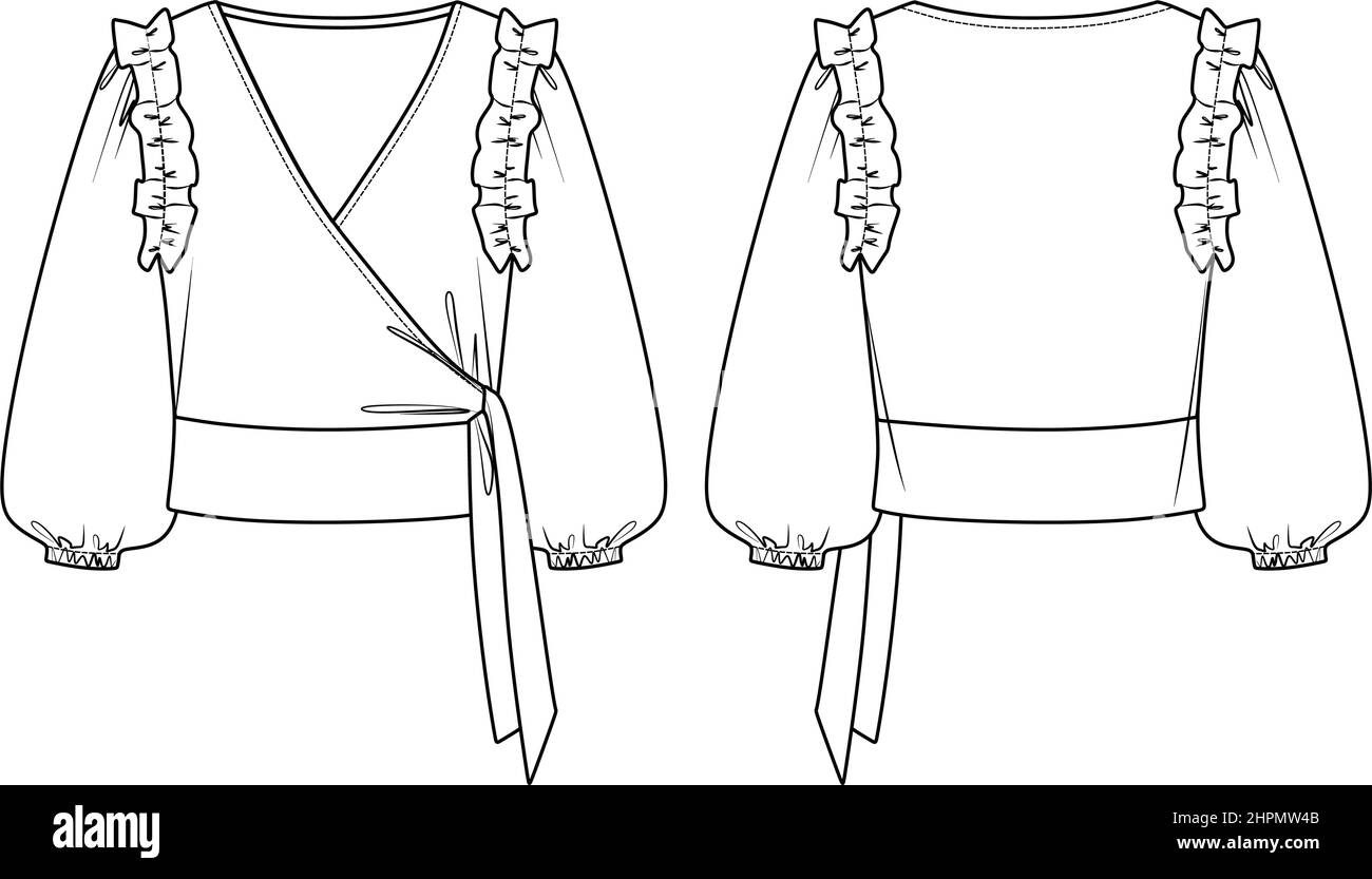 Vector wrap ballon manches chemisier mode CAD, manches longues avec volants détails femme top sketch, modèle plat, dessin technique. Jersey ou fa tissé Illustration de Vecteur