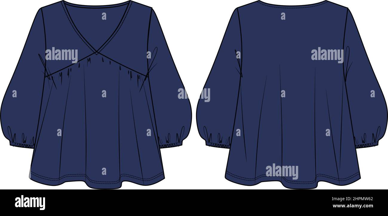 Blouse femme à col en V avec détails évasés dessin technique, haut à manches longues ballons avec volants CAD mode, croquis, plat. Jersey ou tissu tissé blou Illustration de Vecteur