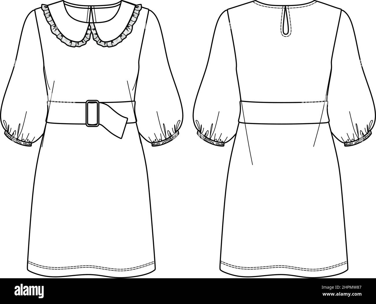 Vector robe mode CAD, ballon manches robe dessin technique, dessin de robe avec ceinture Illustration de Vecteur