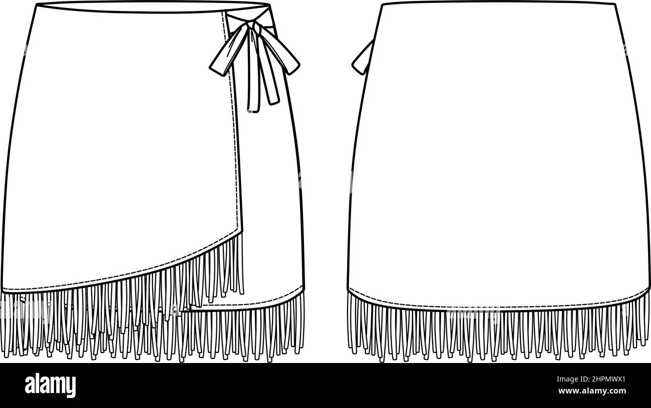 Vector mini jupe mode CAD femme frange jupe detaillee dessin technique enveloppe jupe esquisse modele. Jupe en jersey ou tissu tisse avec devant ba Image Vectorielle Stock Alamy