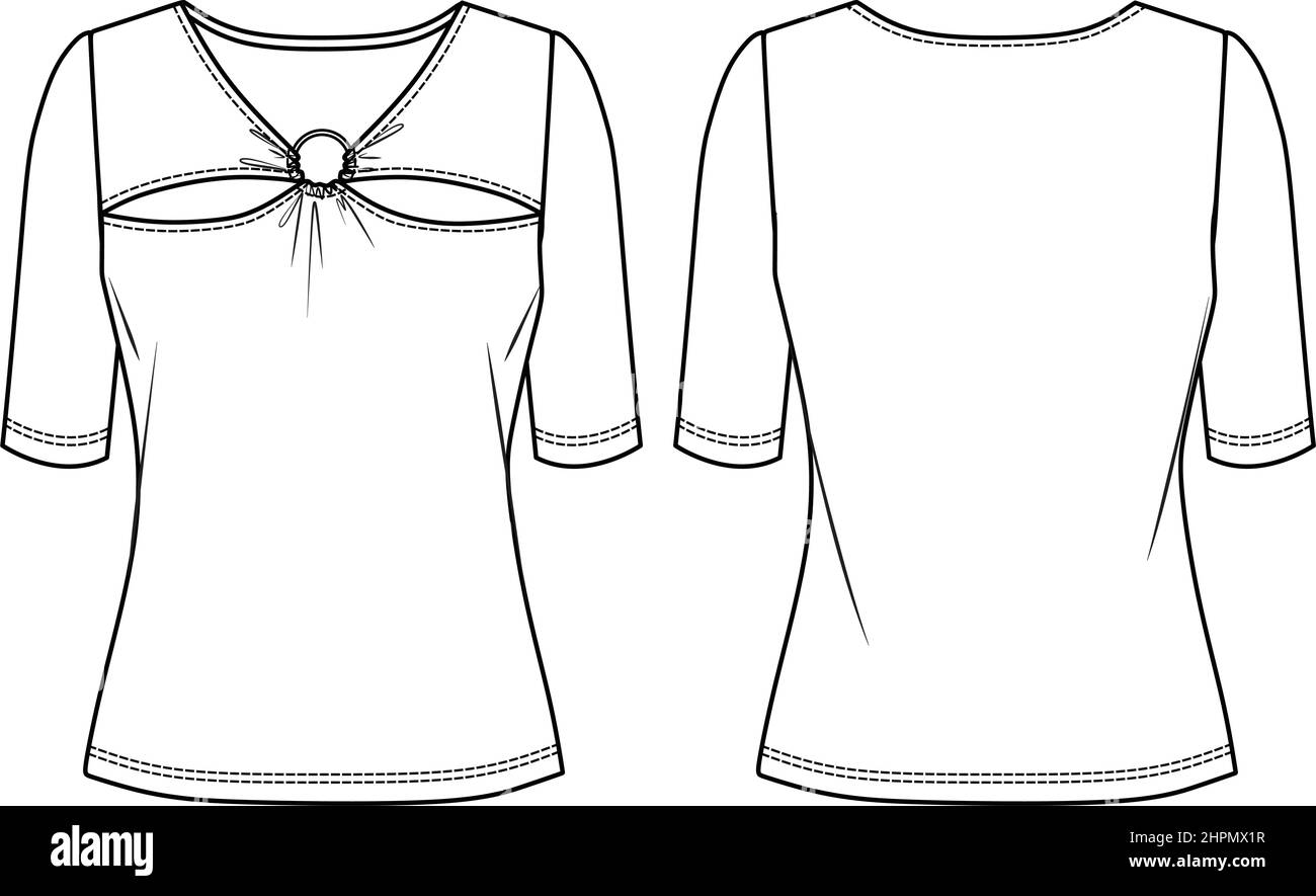 Vector Woman t-shirt à manches courtes dessin technique, chemisier avec accessoire rond et détail ajouré CAD mode, croquis, plat. Jersey ou tissu tissé Illustration de Vecteur