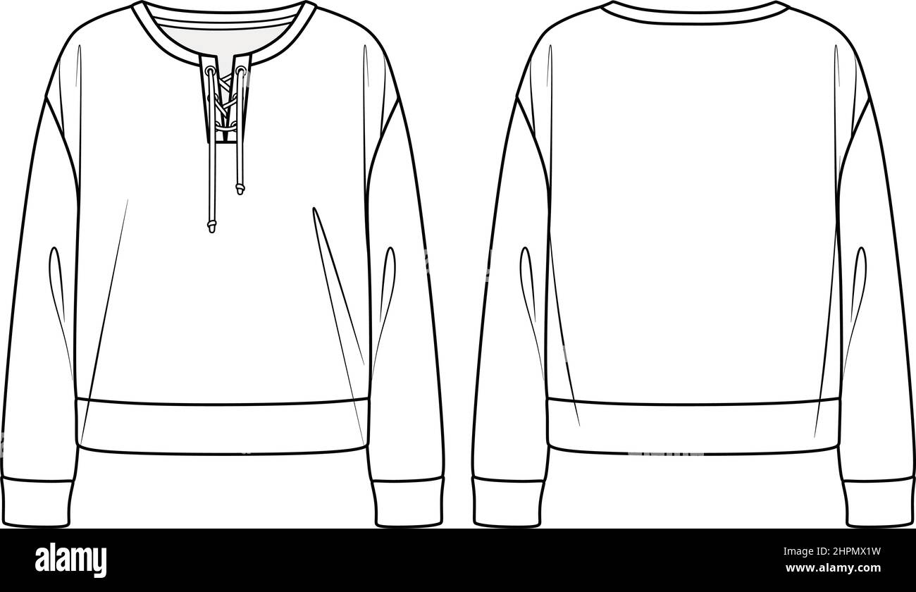 Sweat-shirt à dessin vectoriel avec détail oeillets, sweat-shirt femme dessin technique, CAD mode, haut à manches longues et col rond plat, modèle. FLE Illustration de Vecteur