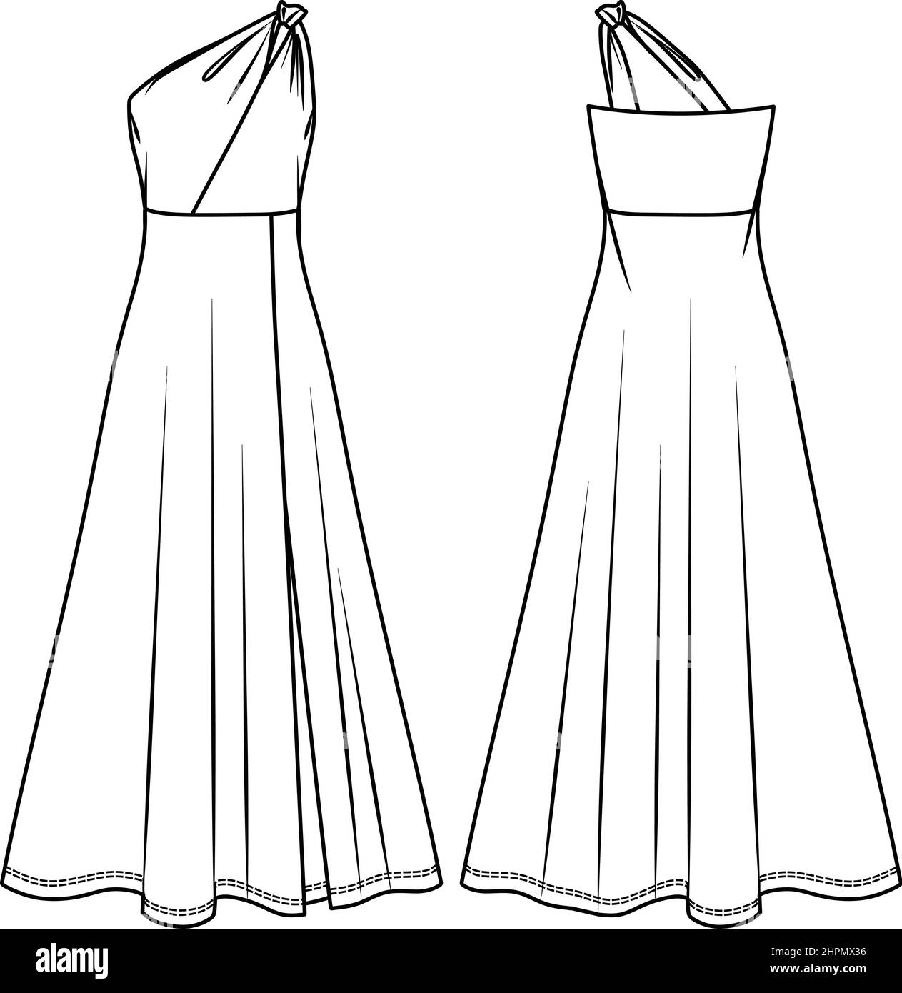 Vector maxi robe dessin technique, une épaule femme robe avec fente devant de la mode CAD, esquisse, modèle, plat. Jersey ou tissu tissé spécial o Illustration de Vecteur