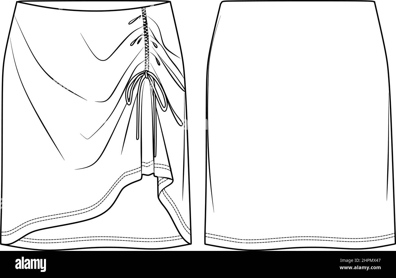 Mini jupe vectorielle avec détail froncé CAD mode, femme jersey ou jupe en tissu avec noeud dessin technique, plat, croquis, maquette, modèle. F Illustration de Vecteur
