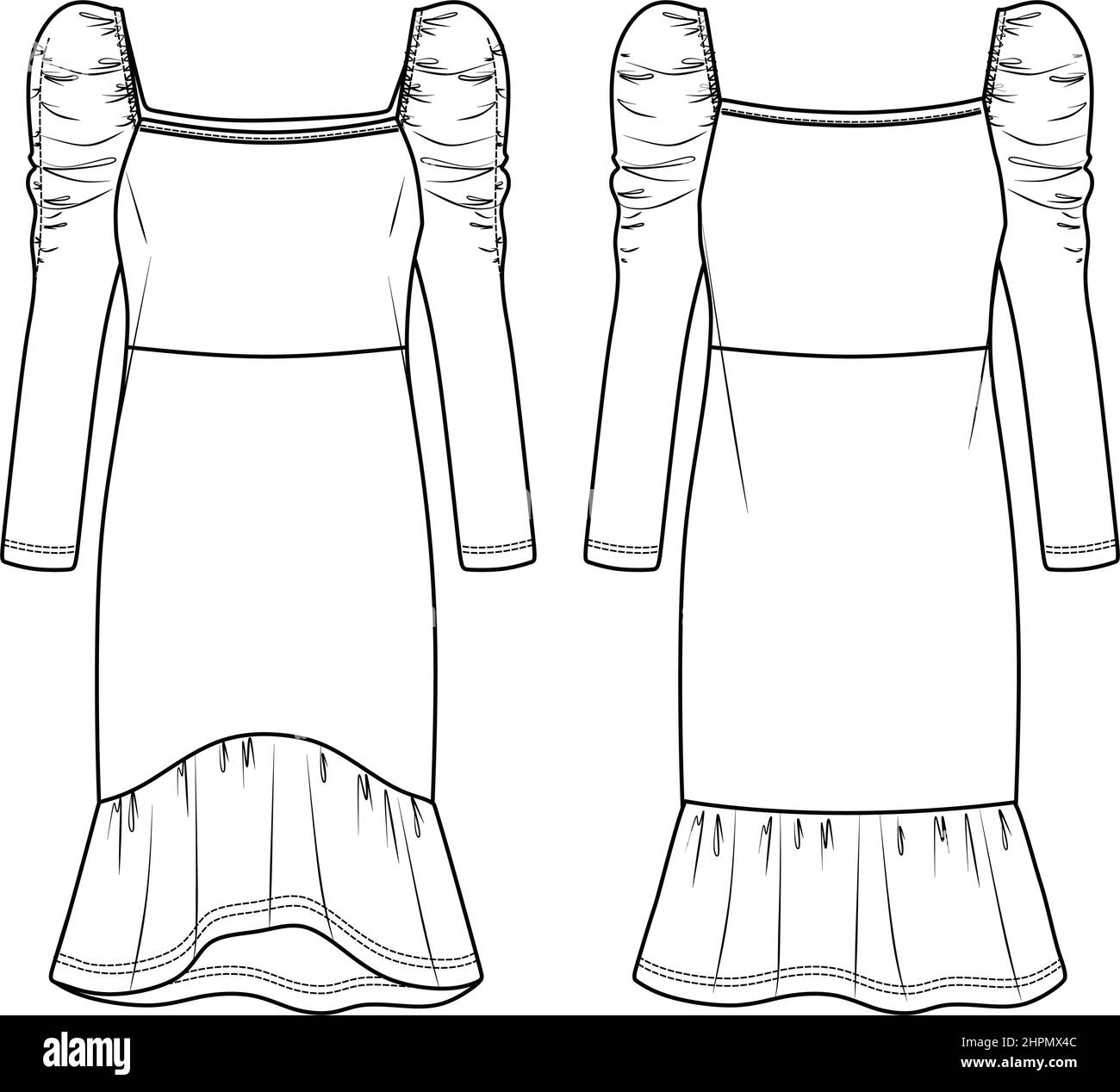 Vector Slim FIT robe dessin technique, manches longues carré col mini robe mode CAD, esquisse, modèle, plat. Robe en jersey ou tissu tissé avec fr Illustration de Vecteur