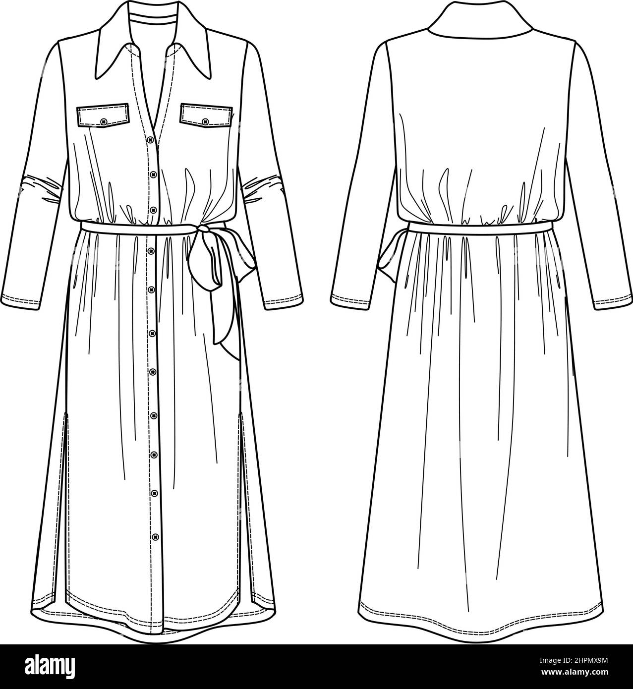 Dessin technique vectoriel, dessin de mode CAD, croquis de chemise-robe avec boutons Illustration de Vecteur