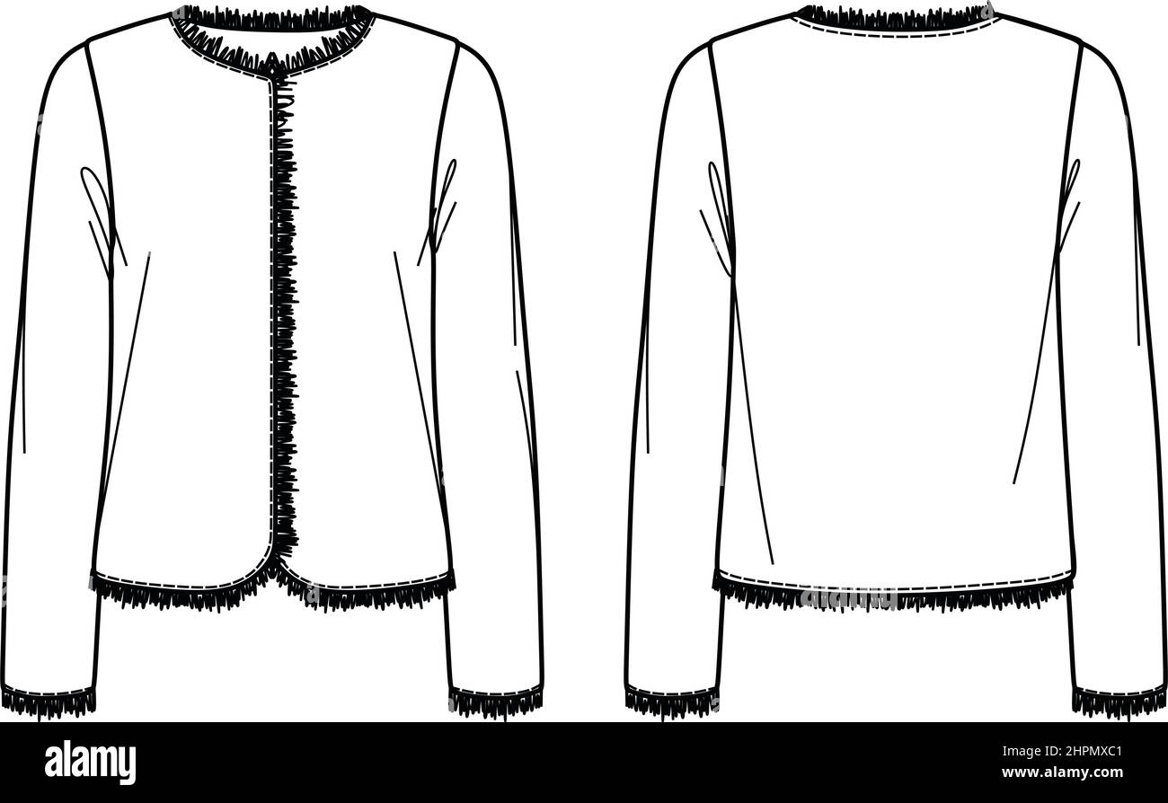 Vector manches longues boucle veste mode CAD, femme veste en tweed avec bordures à franges dessin technique, modèle, croquis, plat. Veste en jersey à franges Illustration de Vecteur