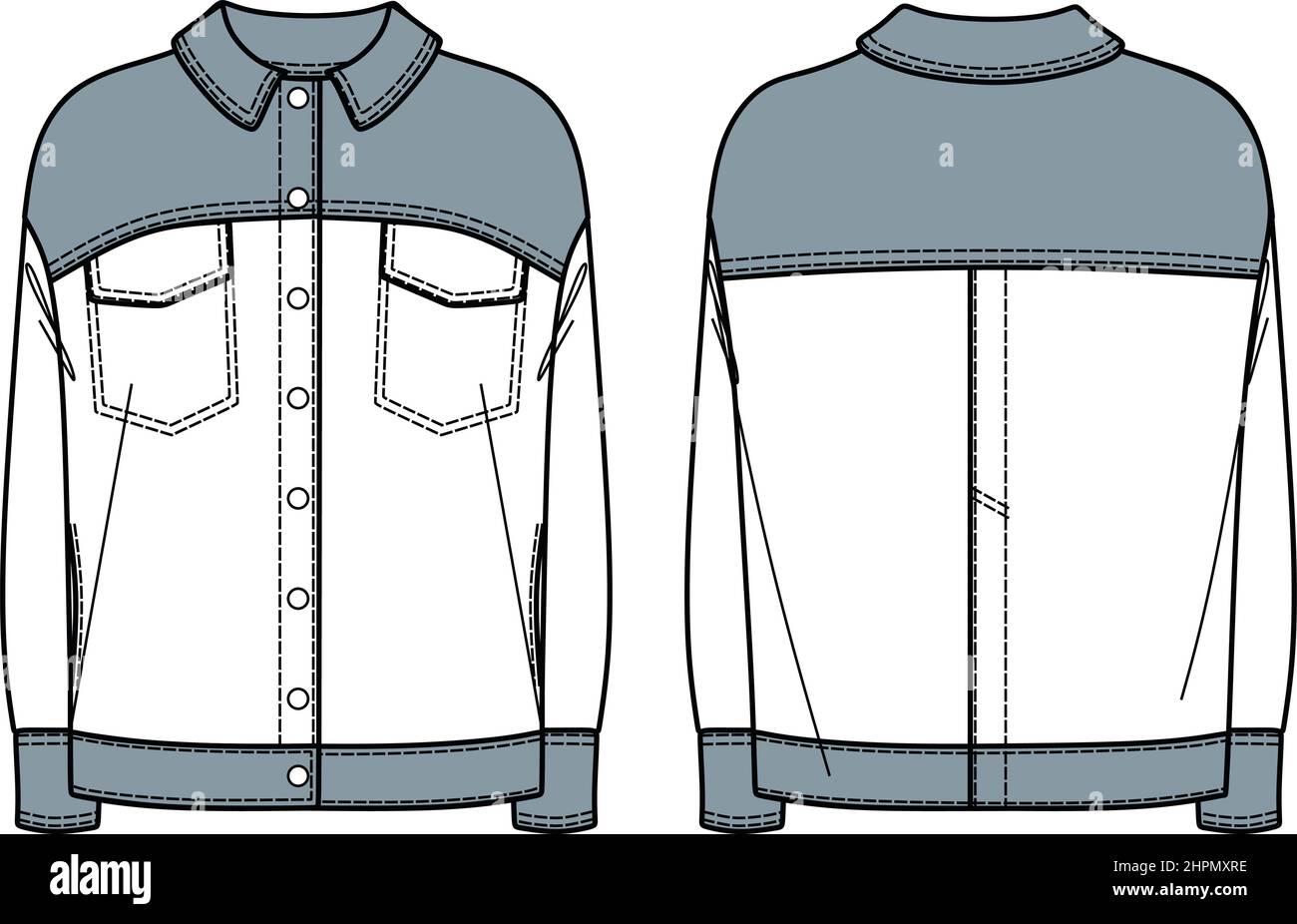 Vector Woman denim Jacket Fashion CAD, veste chemise à manches longues  surdimensionnée dessin technique, veste denim avec modèle de détails de  bouton, croquis, plat Image Vectorielle Stock - Alamy
