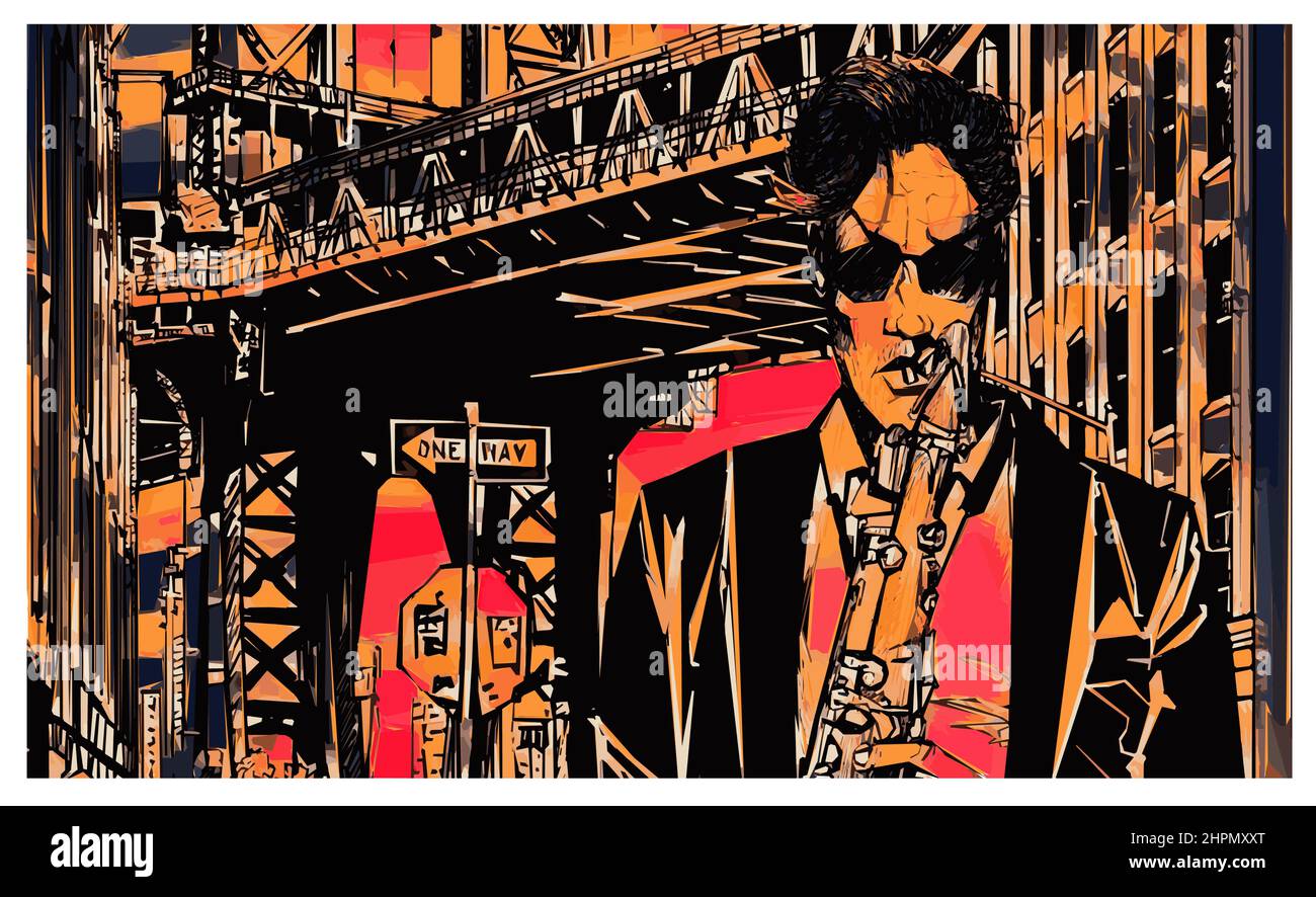 Saxophoniste près du pont de Manhattan à brooklyn - illustration vectorielle Illustration de Vecteur