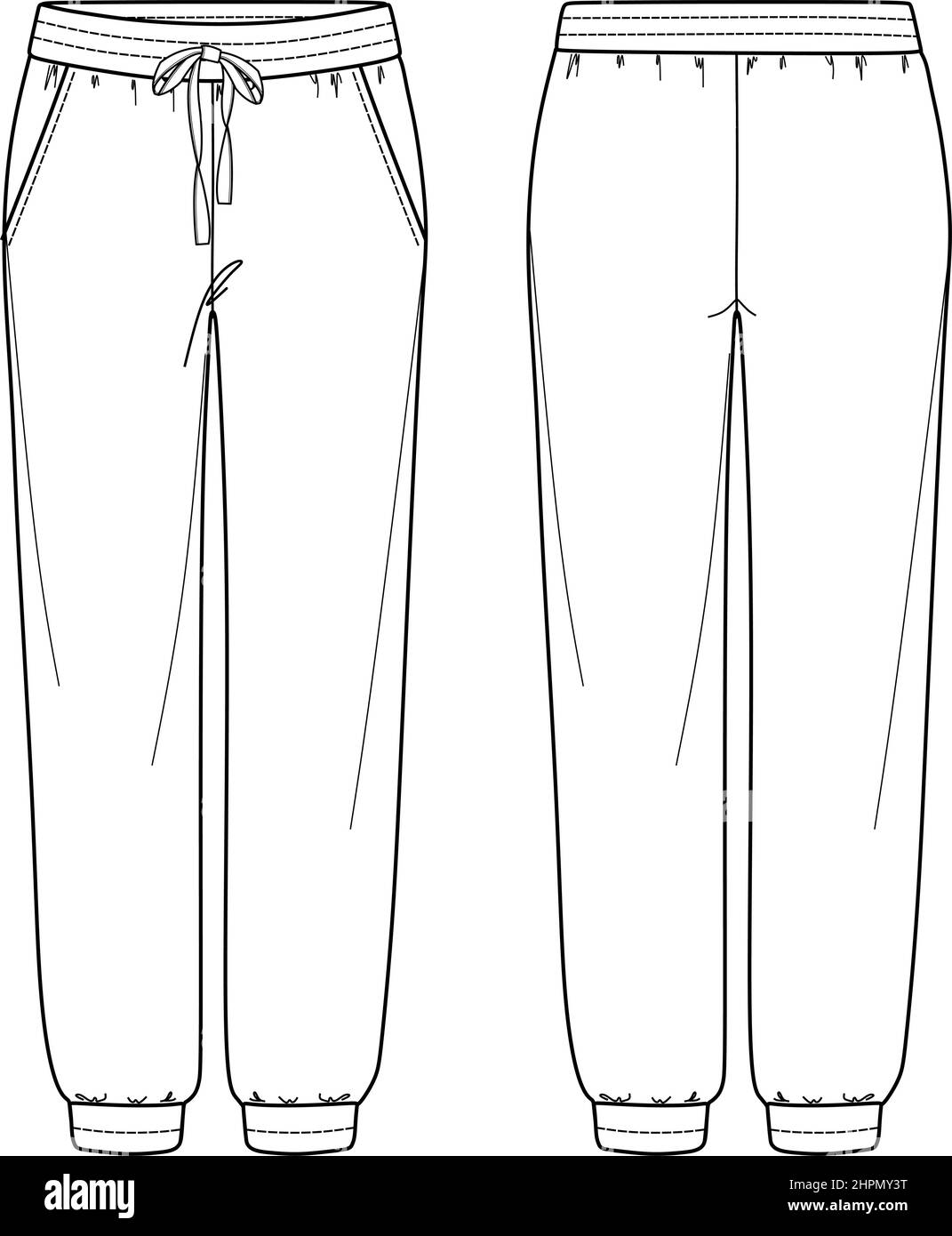 Vector unisex jogging mode CAD, femme pantalon de survêtement avec poches latérales dessin technique, modèle, esquisse, plat. Pantalon en jersey ou tissu tissé avec f Illustration de Vecteur