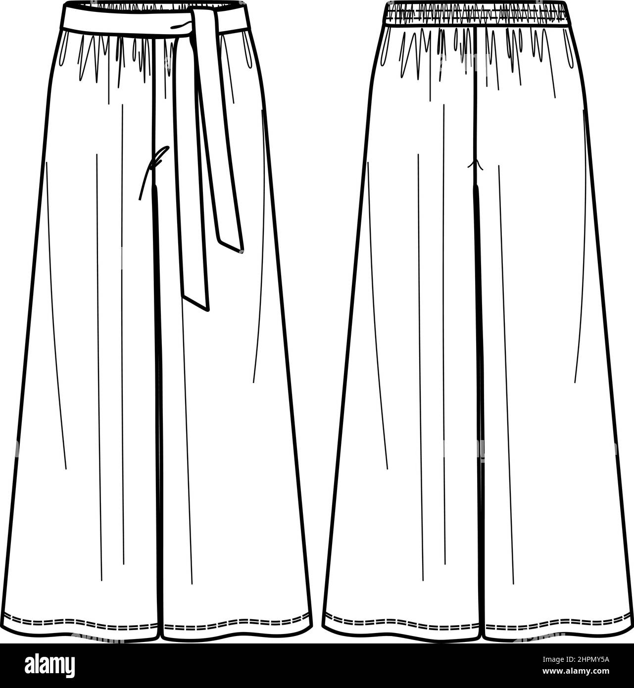 Pantalon Vector coupe large mode CAD, femme décontracté pantalon avec ceinture dessin technique, croquis, modèle, plat. Pantalon en jersey ou tissu tissé avec Illustration de Vecteur