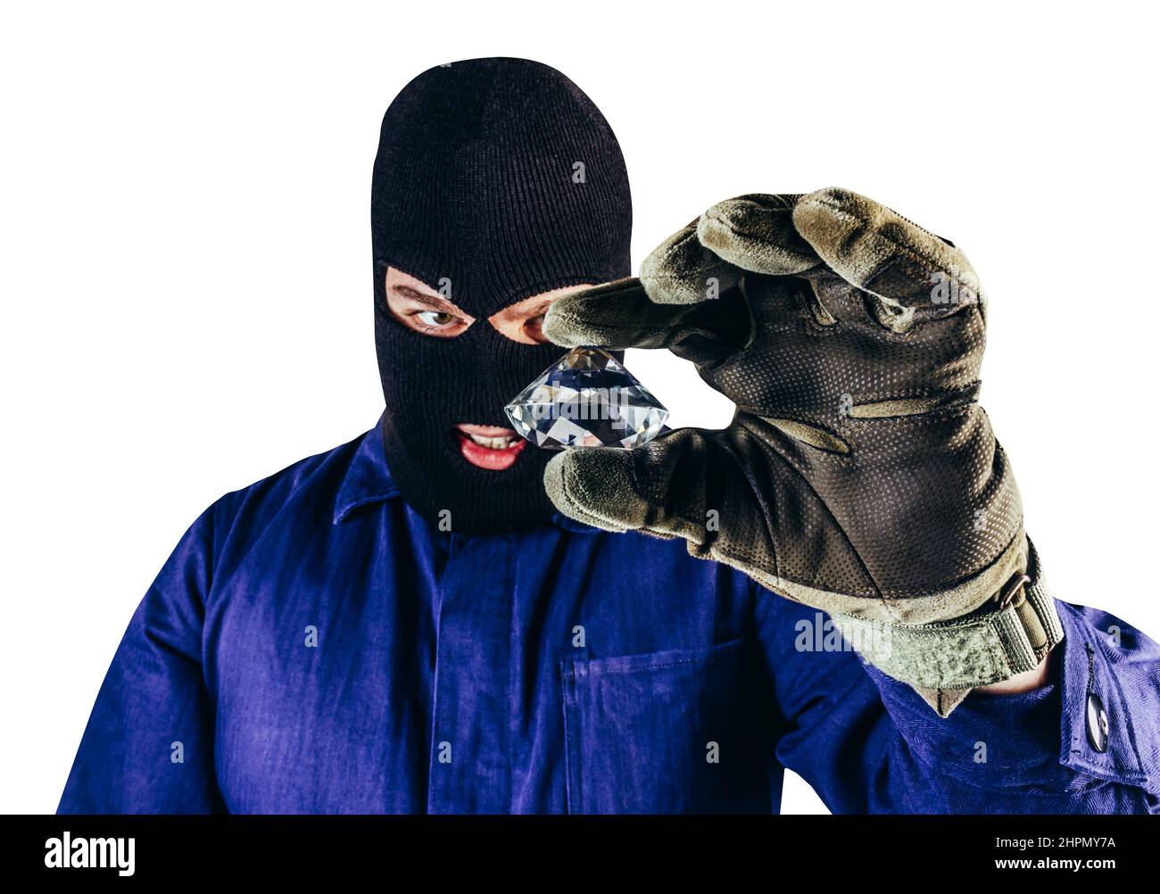 Photo isolée du voleur dans le masque, la combinaison, les gants tenant le  diamant sur fond blanc Photo Stock - Alamy