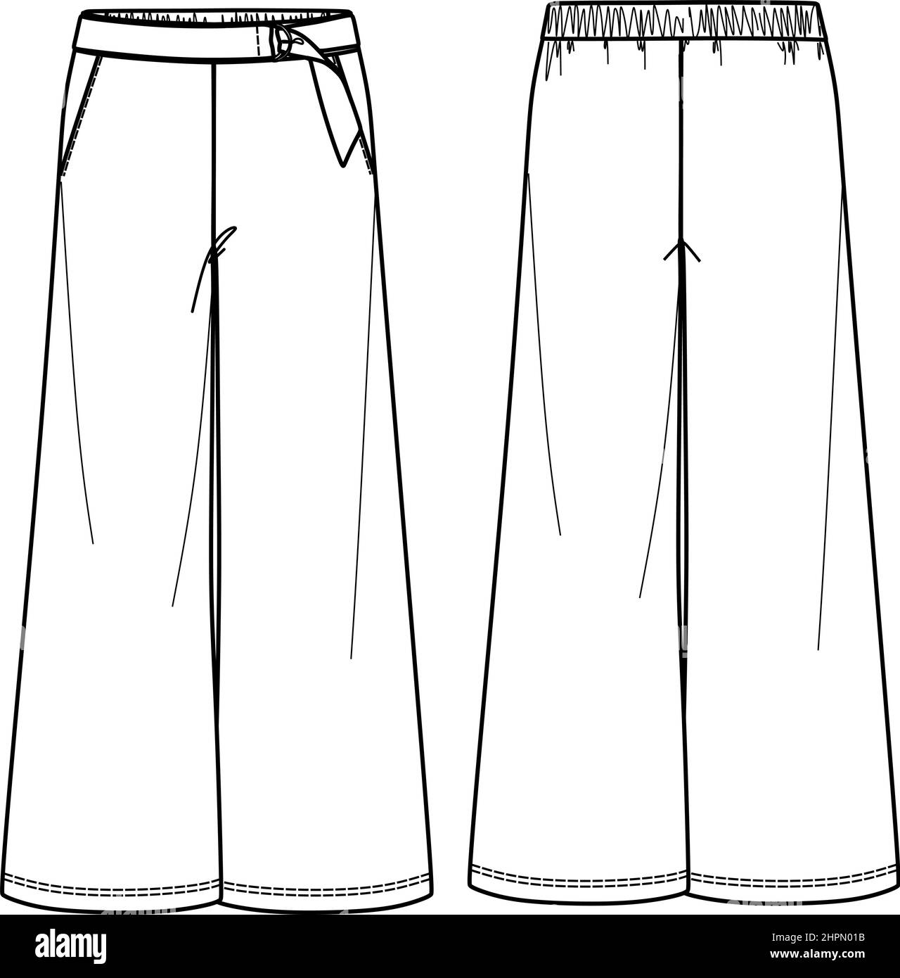 Pantalon Vector coupe large mode CAD, femme décontracté pantalon avec ceinture dessin technique, croquis, modèle, plat. Pantalon en jersey ou tissu tissé avec Illustration de Vecteur