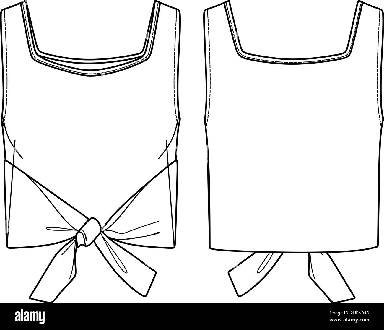 Haut à col carré vectoriel avec détail noeud de mode CAD, sans manches Crop Woman top dessin technique, modèle, croquis, plat. Chemisier en jersey ou tissu tissé Illustration de Vecteur