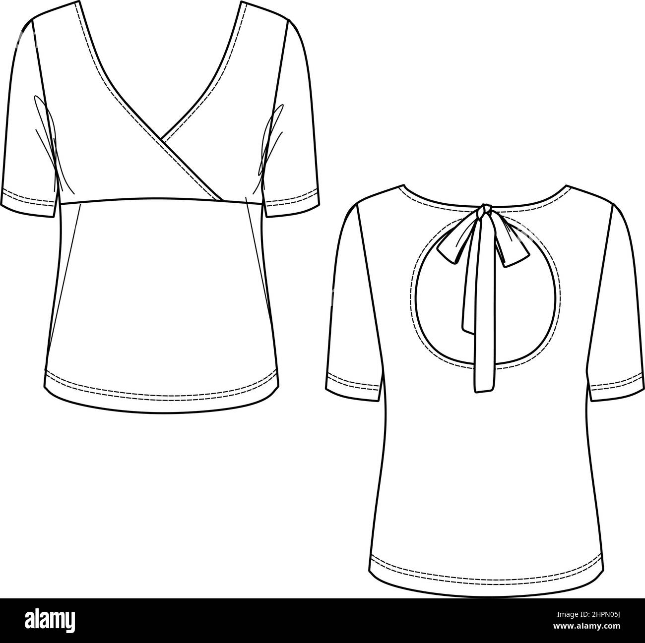 T-shirt Vector Fashion CAD, croquis de blouse à manches longues pour femmes, dessin technique pour femmes à col en V Illustration de Vecteur