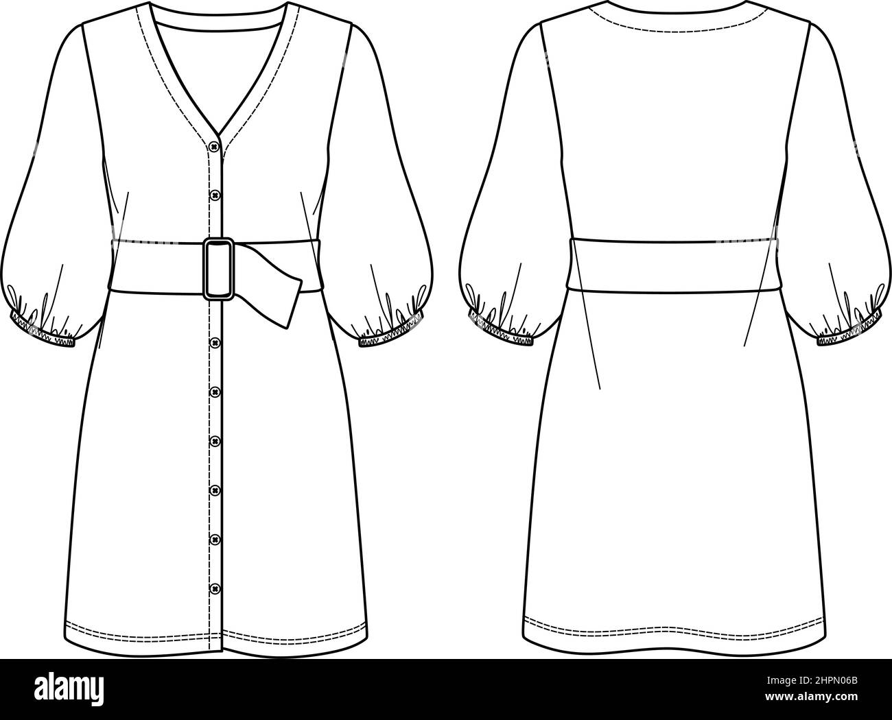 Dessin technique vectoriel, dessin de mode CAD, croquis de chemise-robe