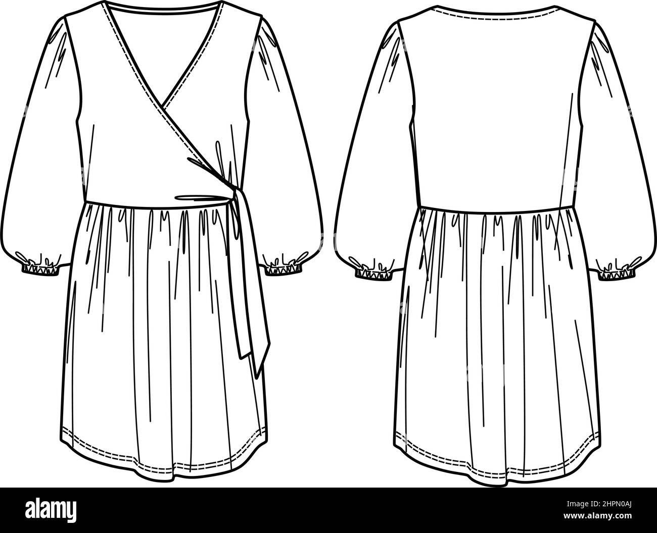 Vector Fake Wrapped robe dessin technique, femme courte robe à manches longues mode CAD, esquisse, modèle Illustration de Vecteur