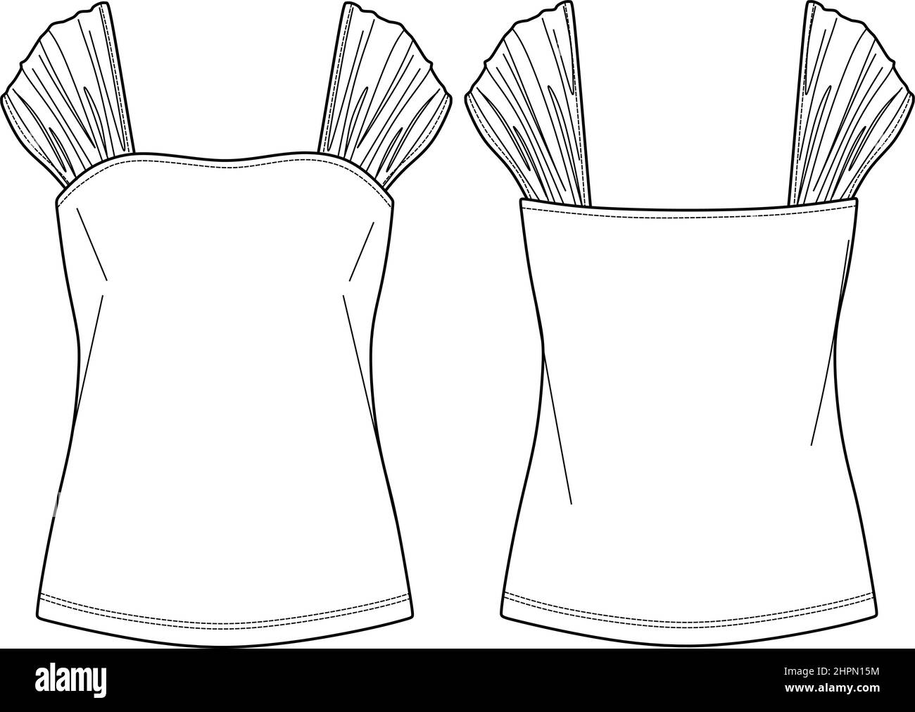Haut de gamme à col carré vectoriel CAD, t-shirt femme sans manches avec détail smocké à l'épaule dessin technique, modèle, croquis, plat. Jersey ou tissé Illustration de Vecteur