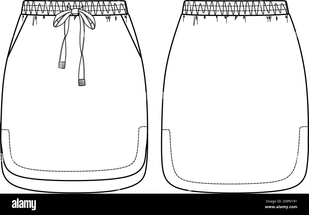 Vector femme jupe dessin technique, jupe mode CAD avec détail ceinture, mini jupe croquis, modèle, plat. Jupe en jersey ou tissu tissé avec f Illustration de Vecteur
