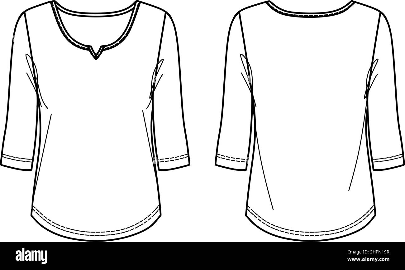 T-shirt Vector Fashion CAD, croquis de blouse à manches longues femmes, dessin technique de t-shirt à col rond femmes, croquis, plat. Chemisier en jersey avec devant, bac Illustration de Vecteur