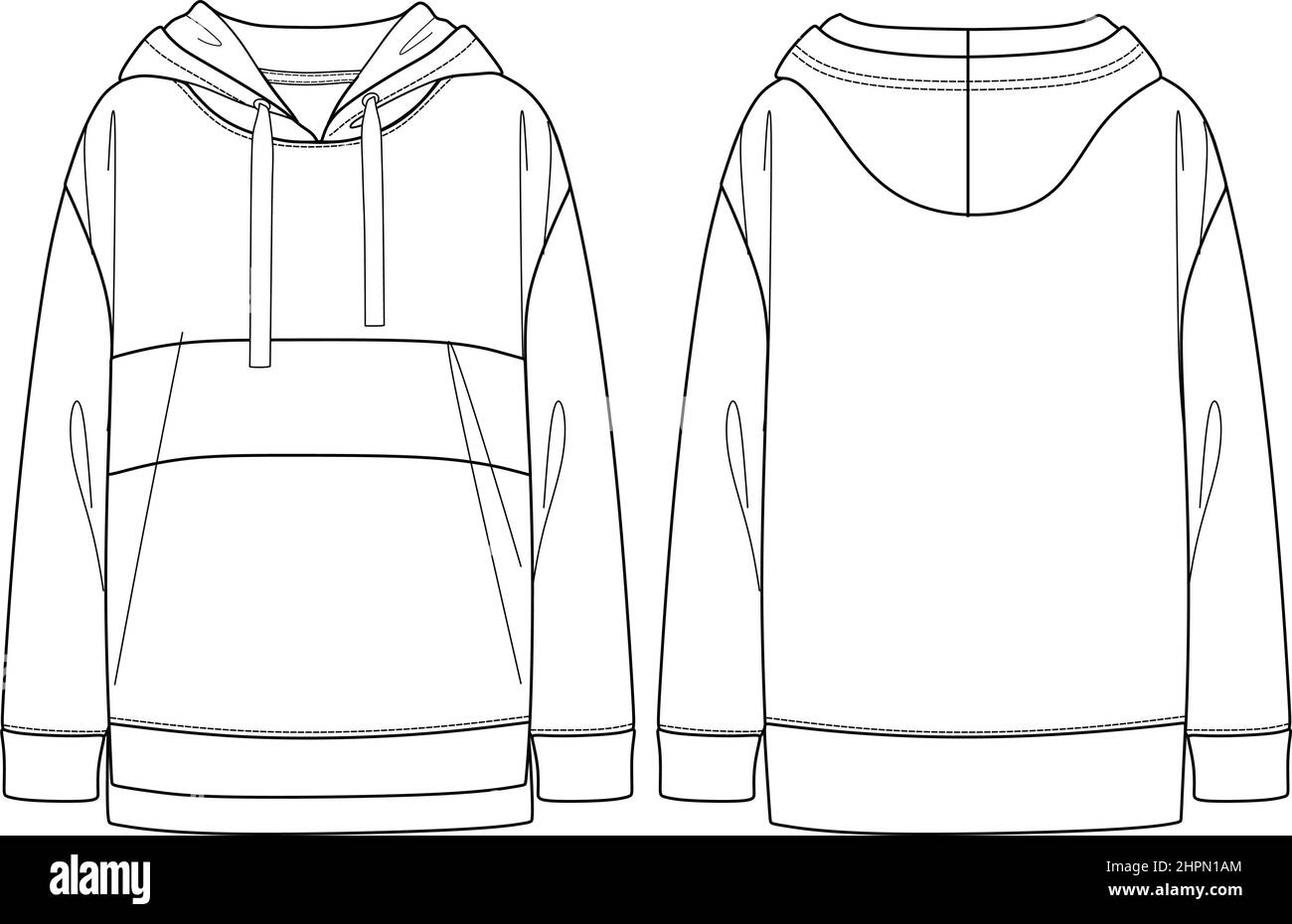 Vector Woman sweatshirt mode CAD, sweat-shirt à capuche à manches longues dessin technique, modèle, croquis, plat. Sweat-shirt en polaire ou en tissu tissé avec Illustration de Vecteur