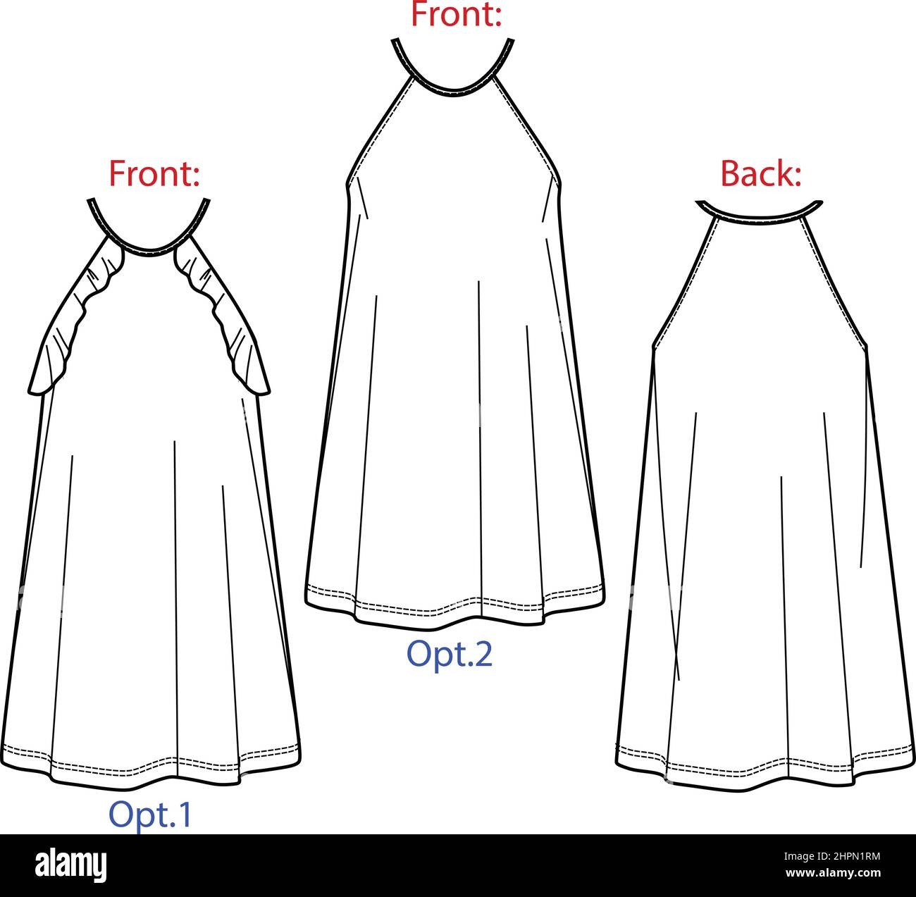 Vector short évasé robe mode CAD, femme une robe de forme avec des franges dessin technique, robe avec fines bretelles modèle, plat, croquis. JERS Illustration de Vecteur
