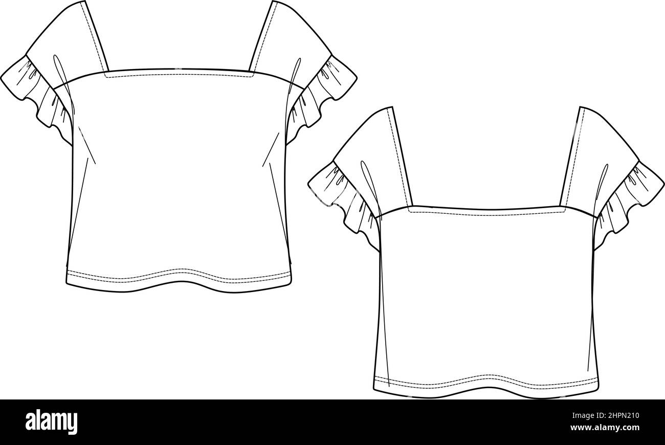 Vector à manches courtes haut de mode CAD, femme t-shirt à col carré surdimensionné avec volants et volants dessin technique, modèle, croquis, plat. Jersey ou Illustration de Vecteur