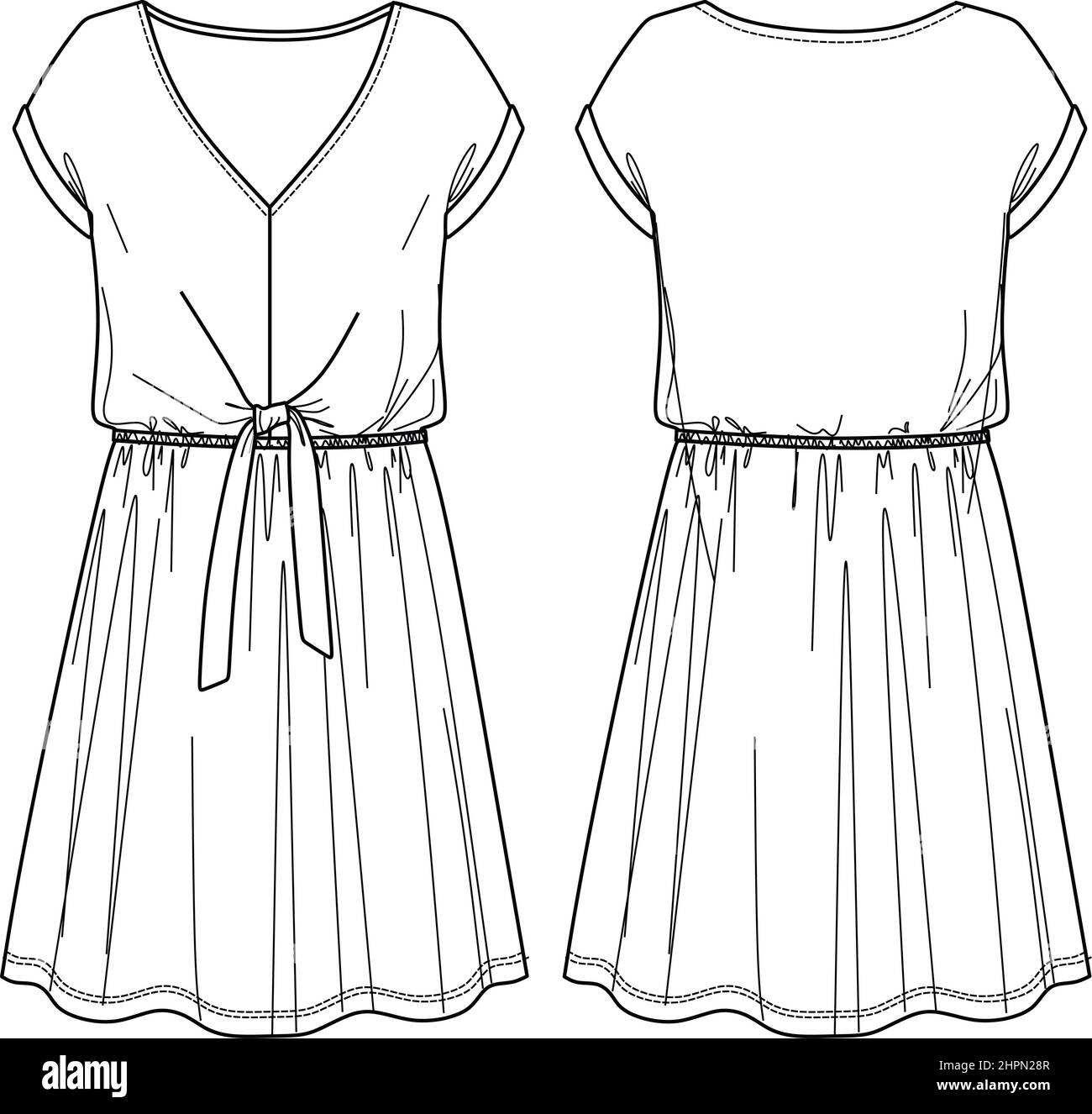 Vector sans manches short robe mode CAD, femme col en V chute épaule robe avec noeud dessin technique, modèle, plat, croquis. Jersey ou fa tissé Illustration de Vecteur