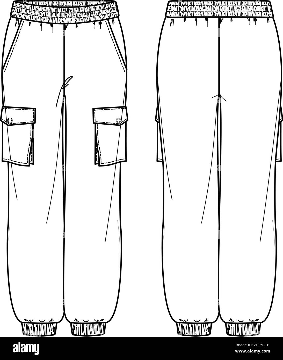 Vector Woman molleton jogger dessin technique, pantalon de style utilitaire avec ceinture et poches latérales détail CAD mode, modèle, croquis, plat. Femme tr Illustration de Vecteur