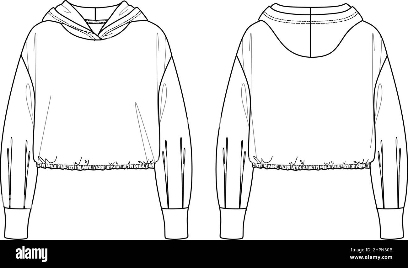 Vector lounge sweat-shirt à capuche mode CAD, sport femme sweat-shirt à manches longues avec œillets détail dessin technique, modèle, croquis, plat. Jersey Illustration de Vecteur