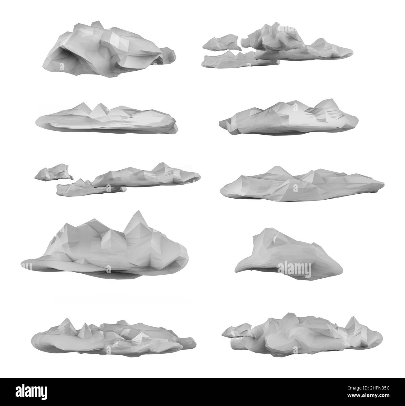 3d effectuez le rendu des illustrations de nuages bas en poly gris isolés sur fond blanc. Banque D'Images