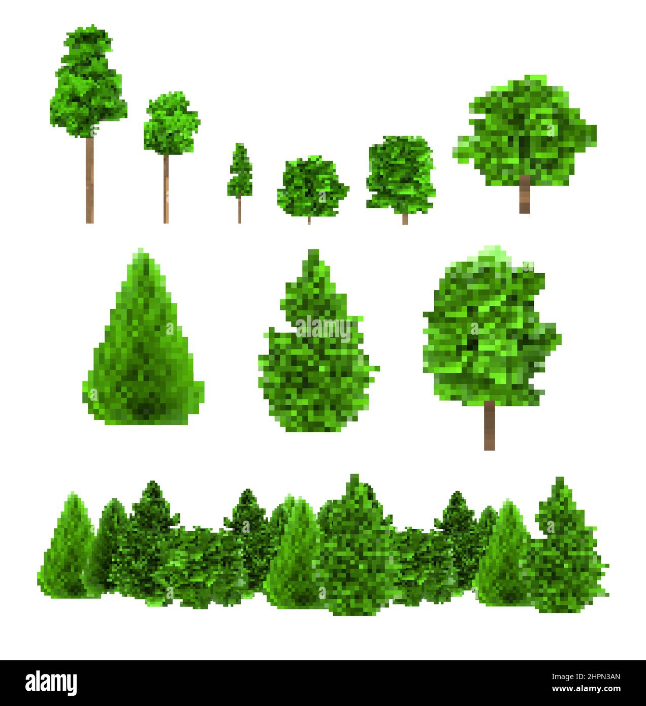 Illustration pixel de 8 bits de différentes formes d'arbres verts isolés sur fond blanc. Banque D'Images