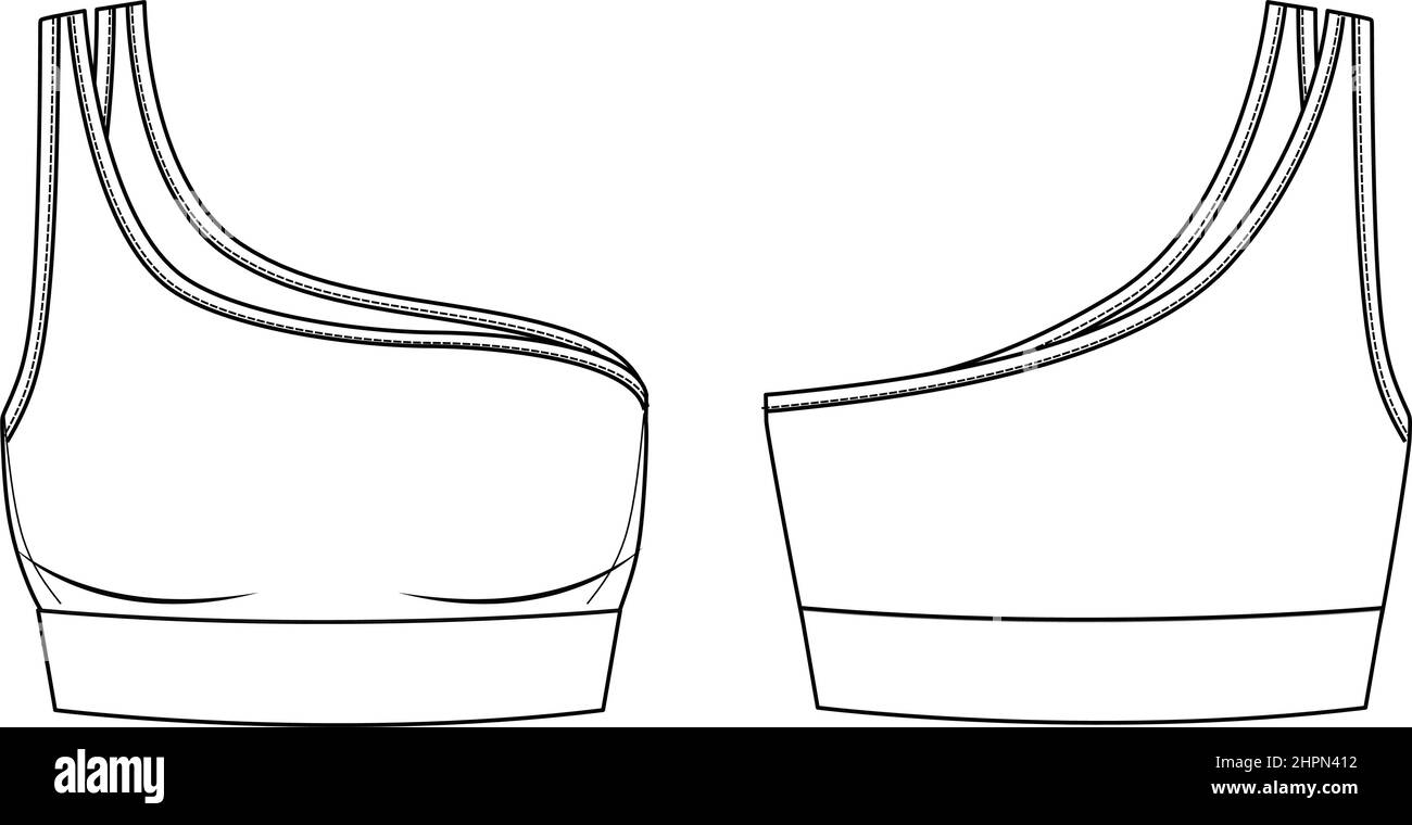 Soutien-gorge asymétrique vectoriel sans bretelles dessin technique, brassière femme avec bretelles et détail couture CAD mode, modèle, croquis, plat. Jersey Illustration de Vecteur