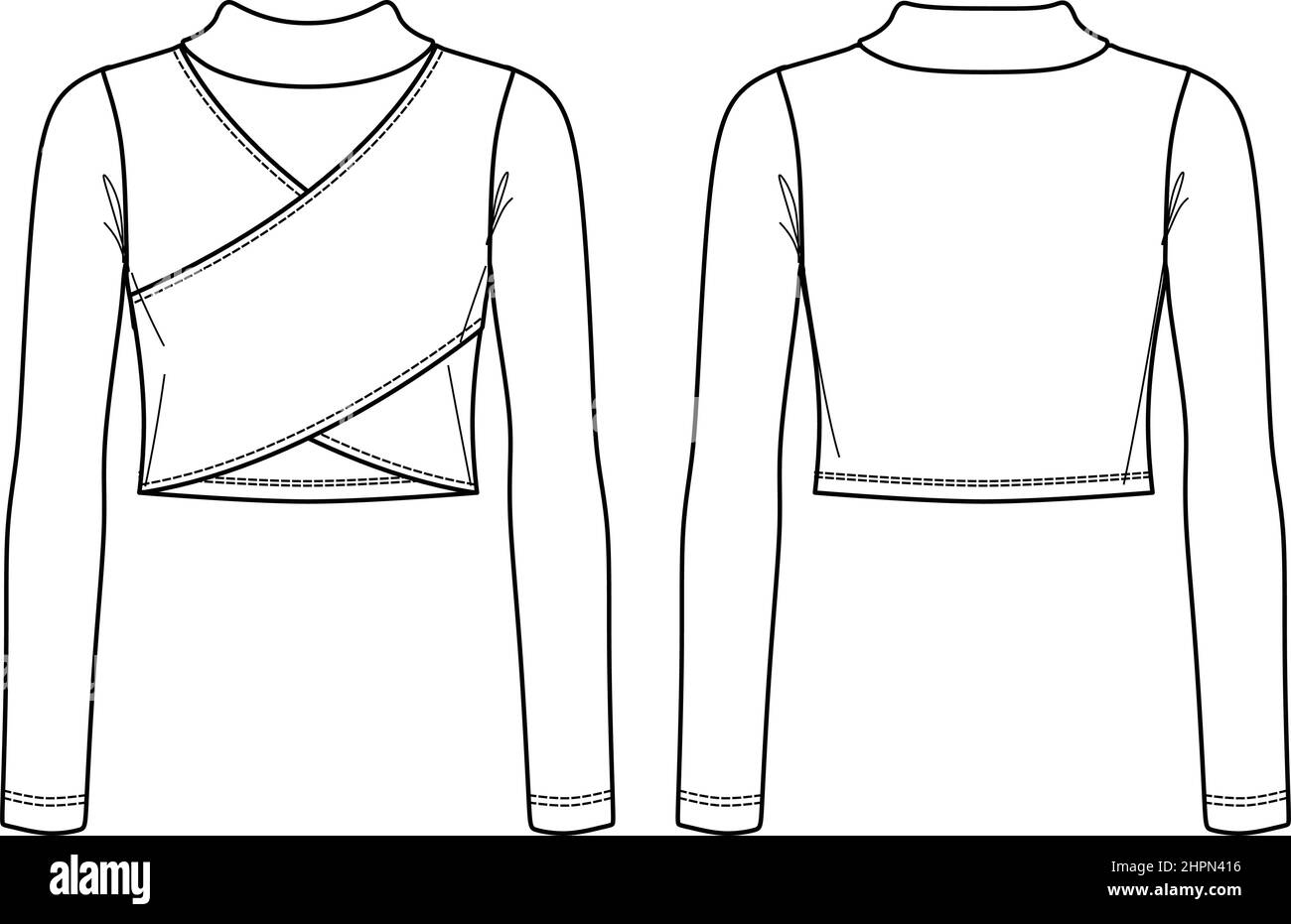 Vector coupé t-shirt à manches longues mode CAD, femme hiver col roulé petit top dessin technique, modèle, croquis, plat, maquette. Jersey mod Illustration de Vecteur