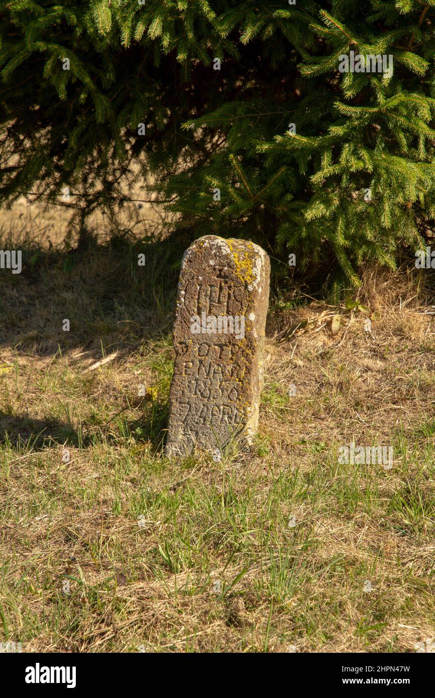 Ancien cimetière. Pierres tombales abandonnées. Lieu de sépulture. Podzamcok. Slovaquie. Banque D'Images