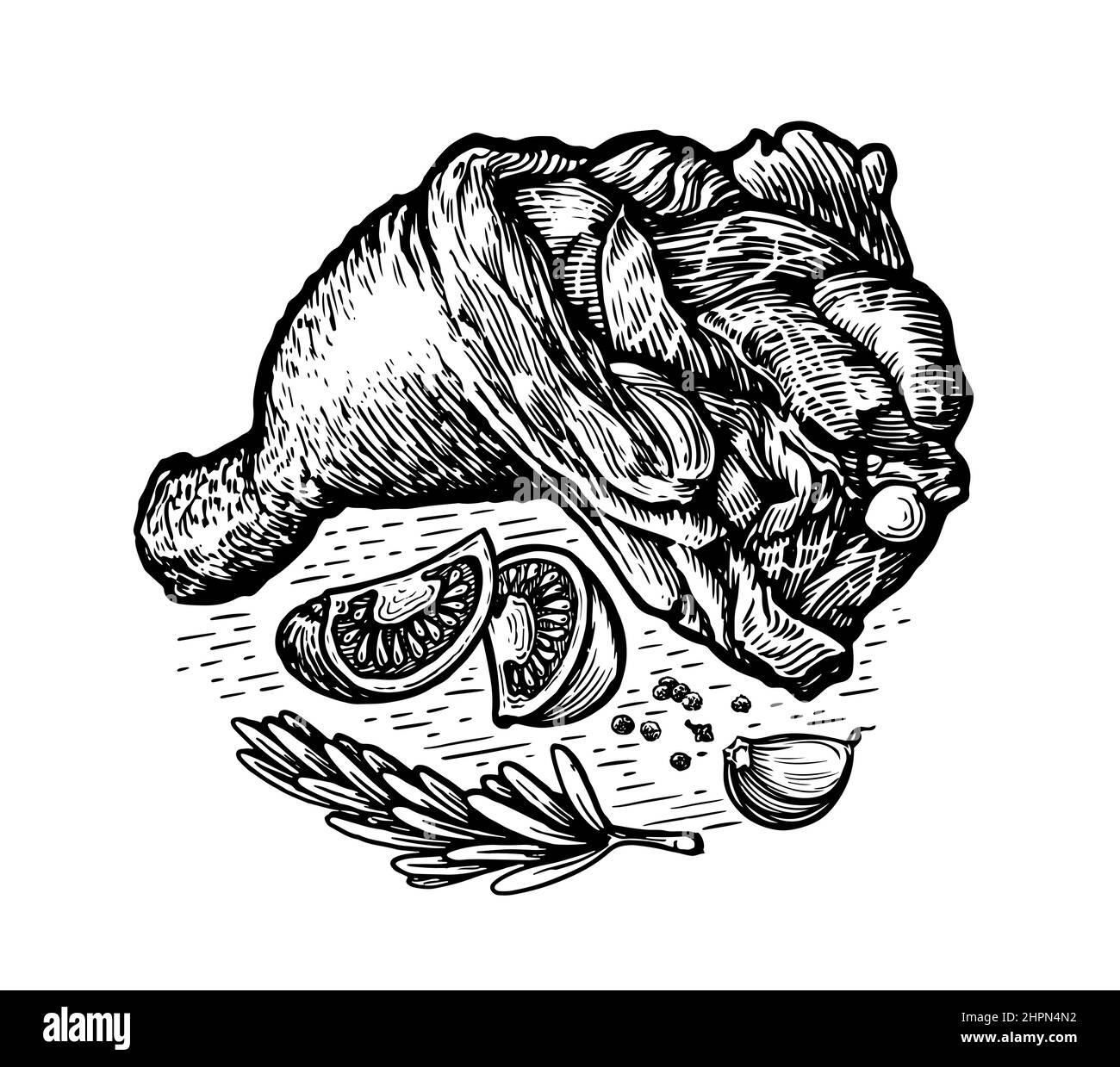 Aliments pour cuisses de poulet. Viande de volaille, noir et blanc dessin main gravure illustration vectorielle Illustration de Vecteur