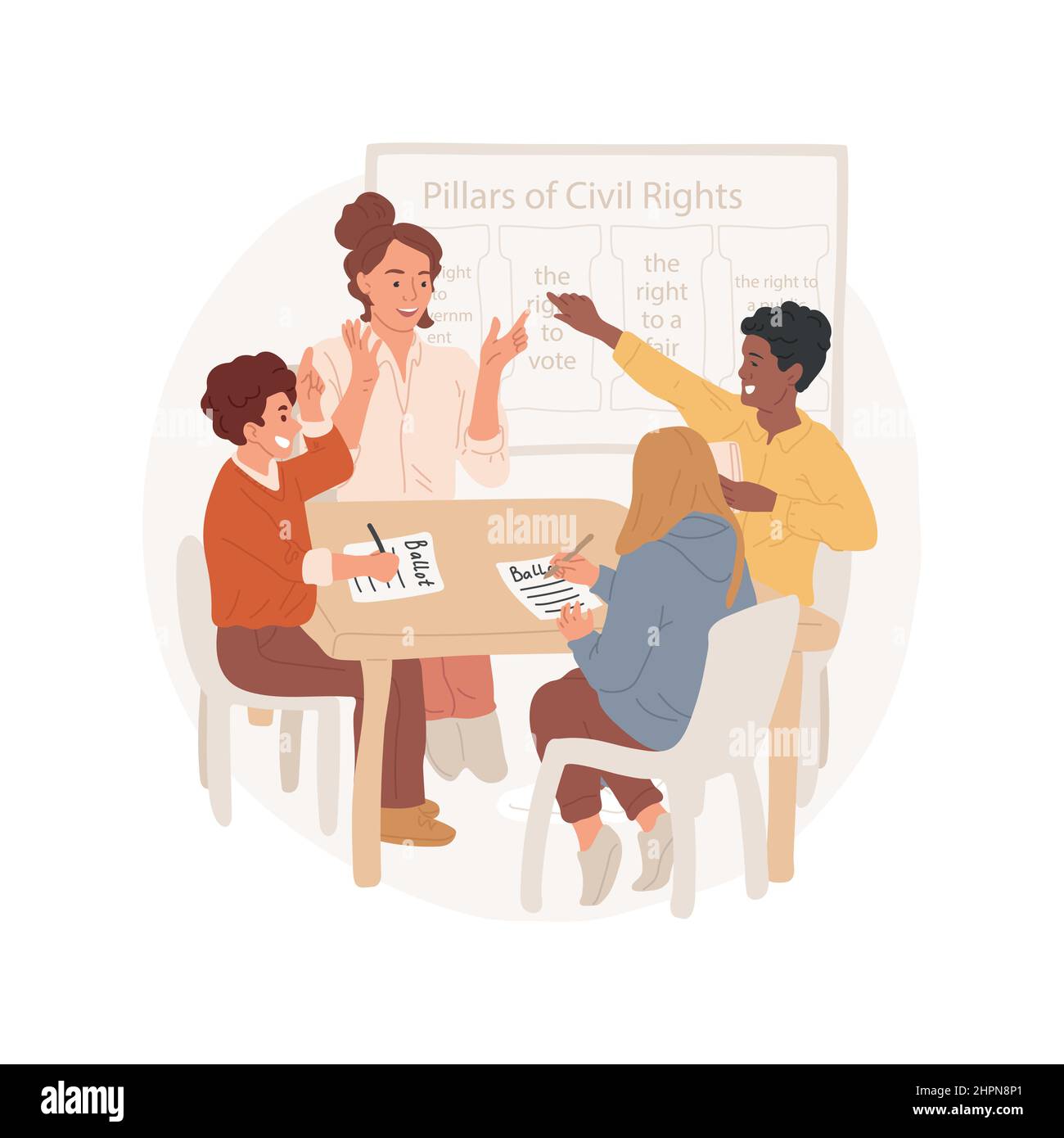 En savoir plus sur l'illustration vectorielle isolée du gouvernement éducation, enseignement des programmes d'études secondaires, pilier des droits civils, loi électorale, vote, caricature vectorielle représentative juridique. Illustration de Vecteur