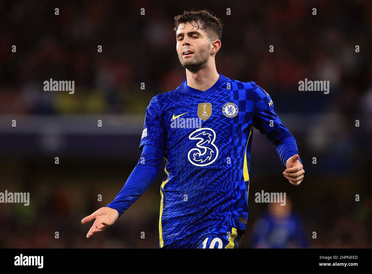 Londres, Royaume-Uni. 22nd févr. 2022. Christian Pullisic de Chelsea regarde. Ligue des champions de l'UEFA, partie du match de 16 1st jambes, Chelsea et LSC Lille au Stamford Bridge de Londres, le mardi 22nd février 2022. Cette image ne peut être utilisée qu'à des fins éditoriales. Utilisation éditoriale uniquement, licence requise pour une utilisation commerciale. Aucune utilisation dans les Paris, les jeux ou les publications d'un seul club/ligue/joueur. photo par Steffan Bowen/Andrew Orchard sports photographie/Alay Live news crédit: Andrew Orchard sports photographie/Alay Live News Banque D'Images