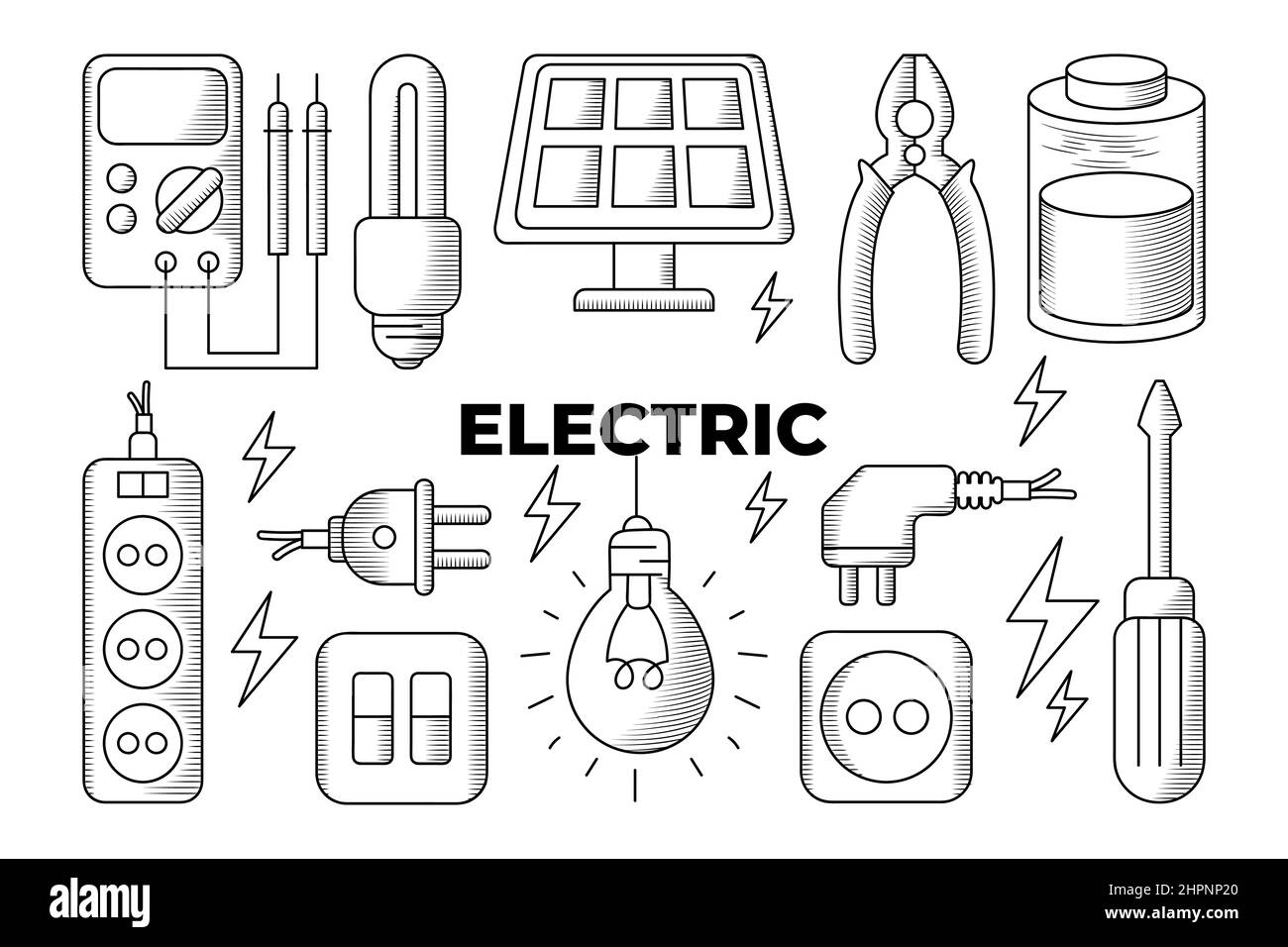 Équipement d'outils électriques avec conception de joint de linodle dessinée à la main Illustration de Vecteur