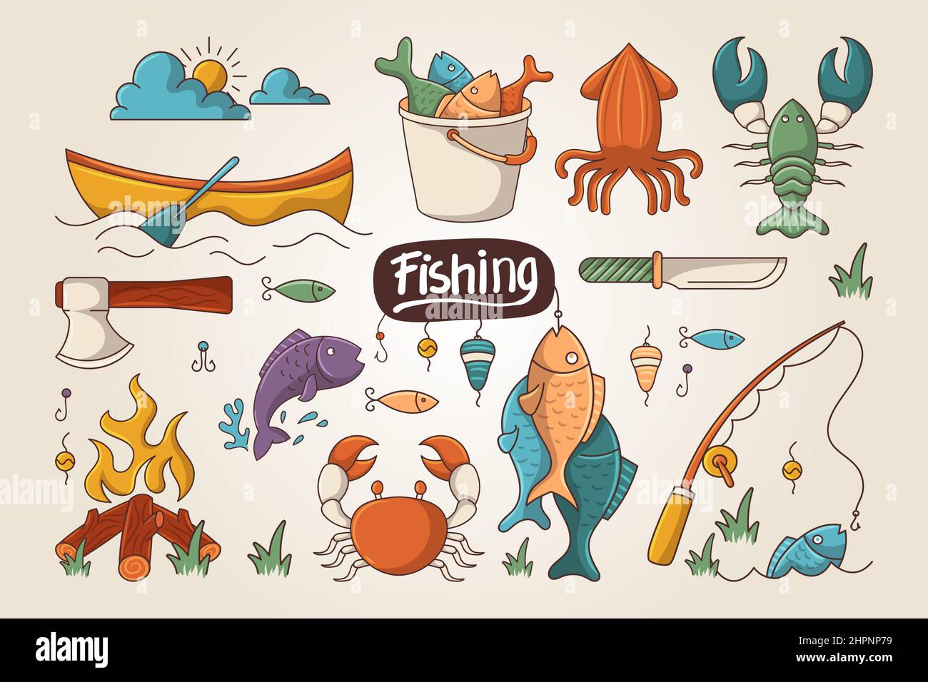 Ensemble d'éléments de pêche avec motif de caniche en lin dessiné à la main de couleur Illustration de Vecteur