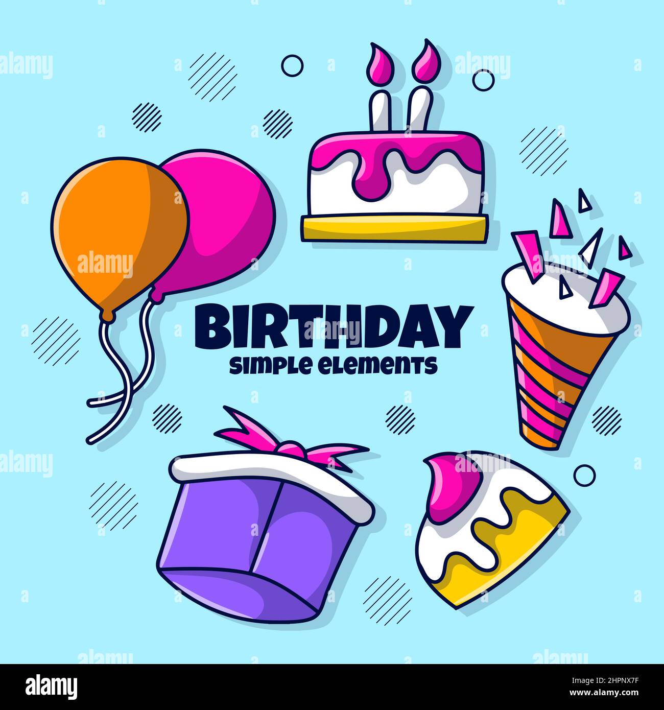 Ensemble d'éléments d'anniversaire simple avec style Doodle dessiné à la main Illustration de Vecteur