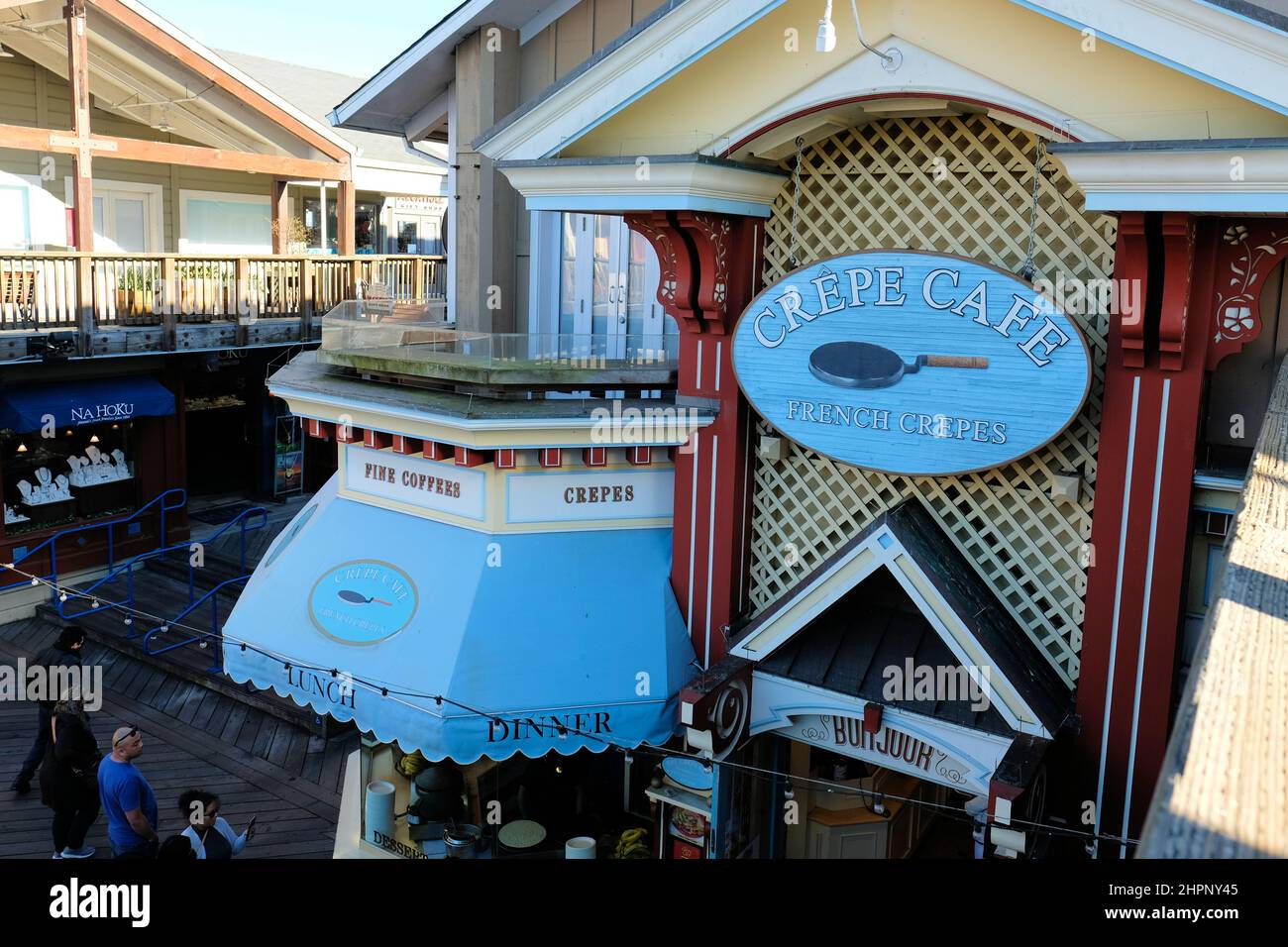 Le Crepe Cafe à Pier 39, à San Francisco, Californie, États-Unis ; sert des crêpes d'inspiration française, déjeuner, dîner et café le long de l'embarcadero. Banque D'Images