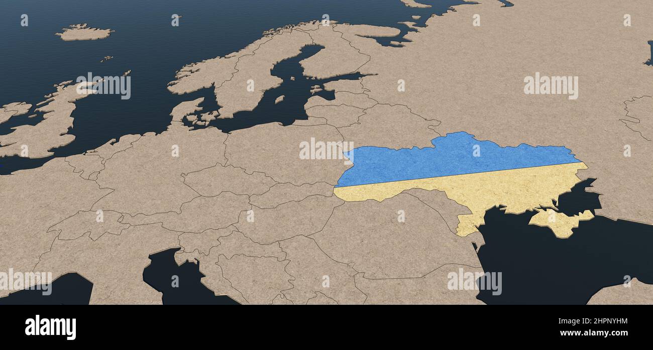 Crise Ukraine-Russie. 3D rendu de l'illustration carte de l'Europe avec l'Ukraine en bleu et jaune. Concept géopolitique. Banque D'Images