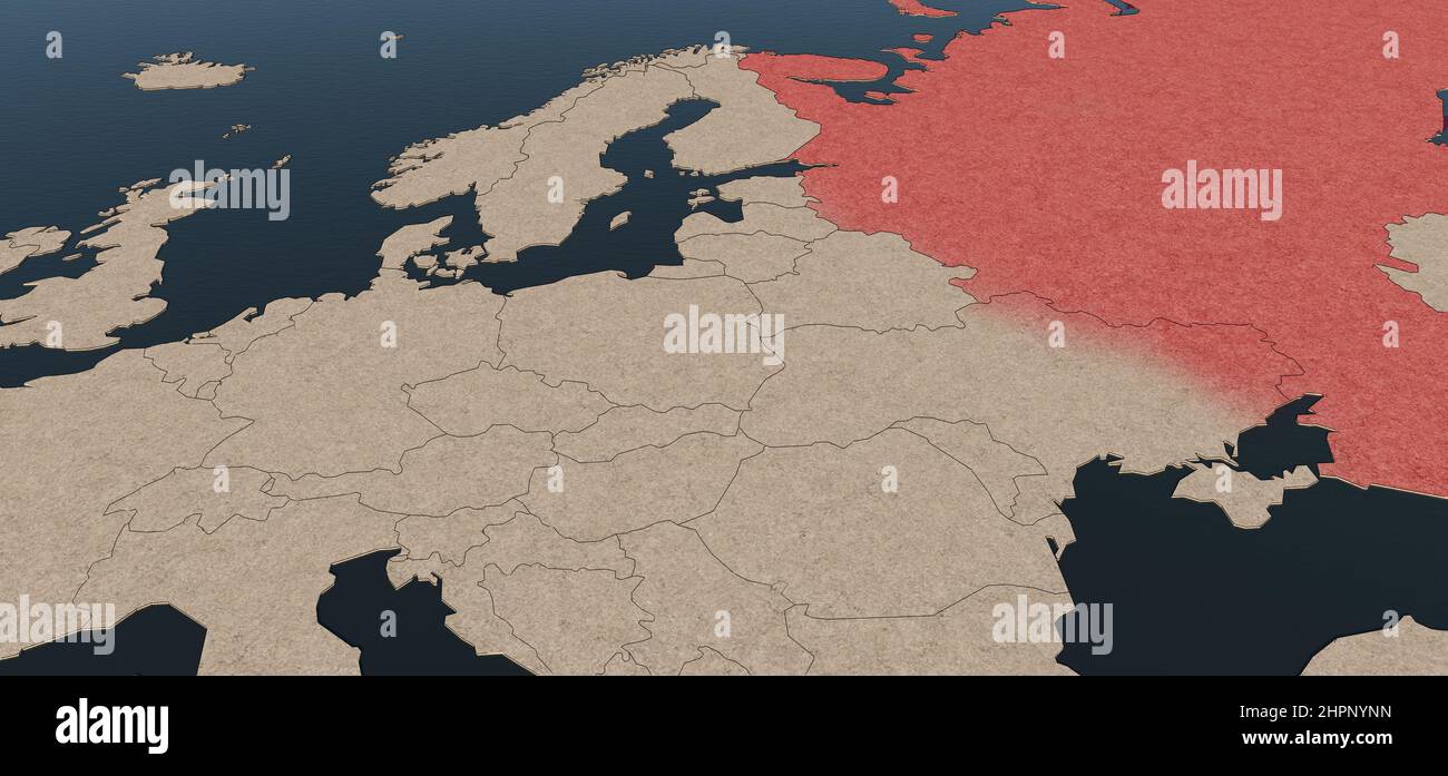 Crise Ukraine-Russie. 3D rendu de l'illustration carte de l'Europe et de la Russie en couleurs rouges. Concept géopolitique. Banque D'Images