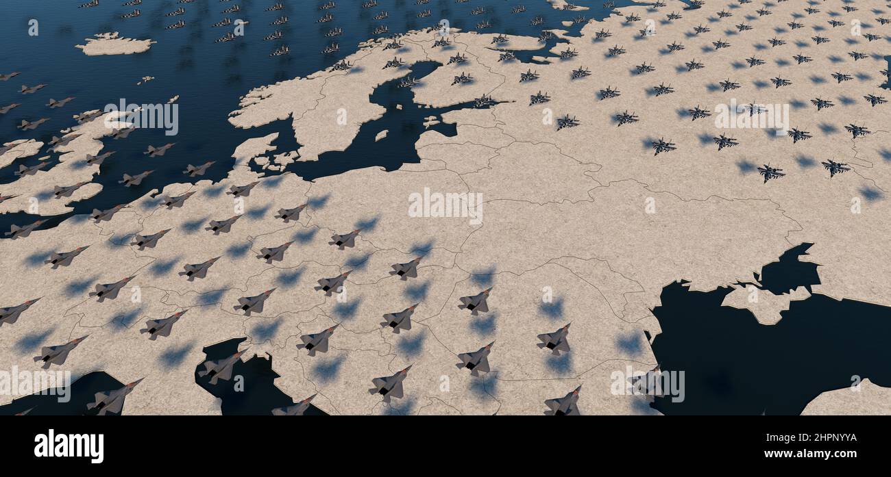 Crise Ukraine-Russie. 3D rendu de l'illustration carte d'Europe. American F-22 Raptor et MIG-29 Jet Fighters atack au-dessus de l'Europe. Concept géopolitique. Banque D'Images