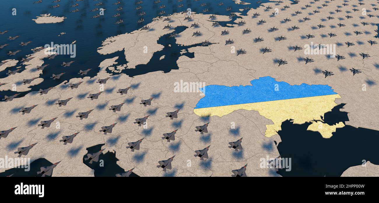 Crise Ukraine-Russie. 3D rendu de l'illustration carte d'Europe. American F-22 Raptor et MIG-29 Jet Fighters atack au-dessus de l'Europe et bleu et jaune Royaume-Uni Banque D'Images