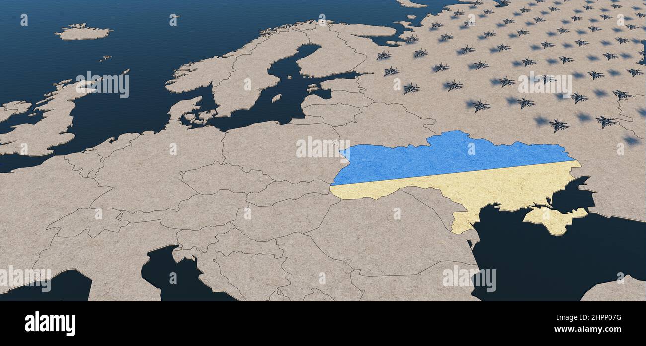 Crise Ukraine-Russie. 3D rendu de l'illustration carte d'Europe. Les avions de chasse MIG-29 attaquent de Russie à Ukraine en bleu et jaune. Geopoliti Banque D'Images