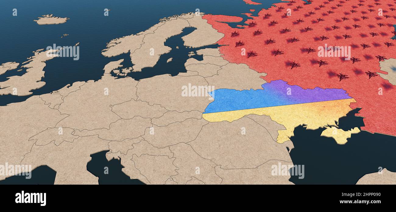 Crise Ukraine-Russie. 3D rendu de l'illustration carte d'Europe. MIG-29 les avions de chasse attaquent de la Russie en rouge à l'Ukraine en bleu et jaune Colo Banque D'Images