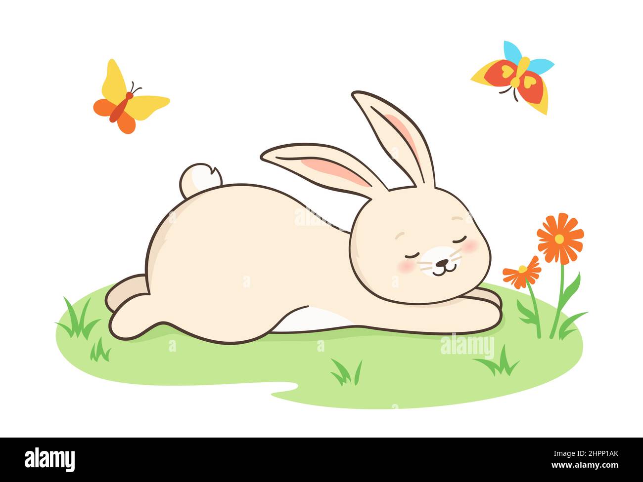 Le lapin se trouve dans une affiche d'été glamour. Lapin childish personnage, dormant drôle lièvre mascotte symbole année. Carte postale Hello Spring ou Summer Rest, dessin animé extérieur rural plat vector illustration Illustration de Vecteur